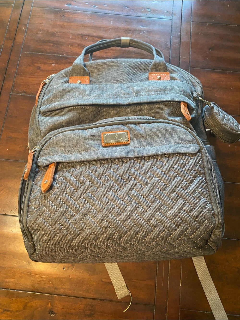 Gray Quilted Canvas Diaper Backpack with Brown Accents